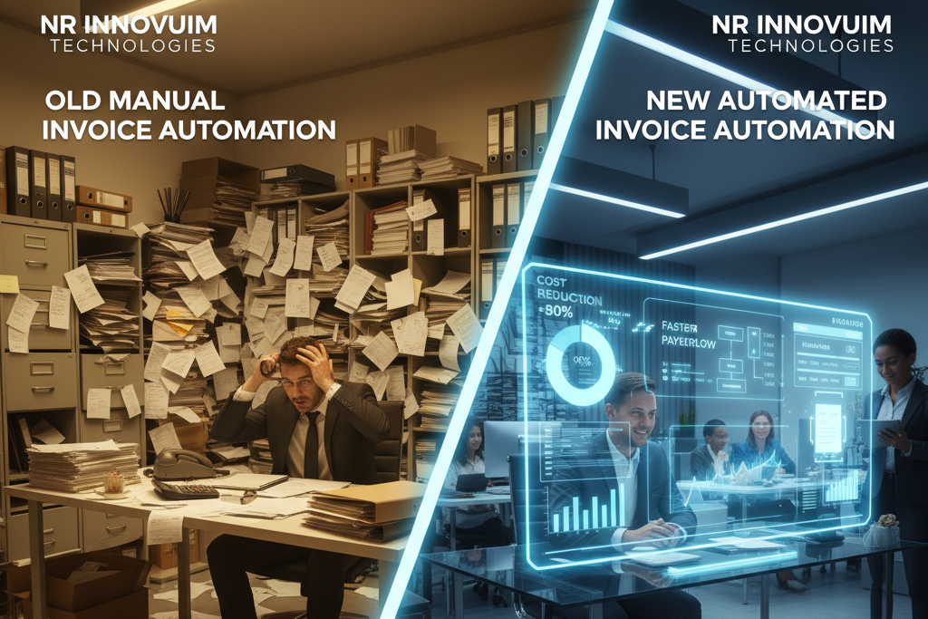 Invoice Automation visual contrasting slow manual processing versus fast, digital, and error-free Accounts Payable (NR Innovium Technologies).